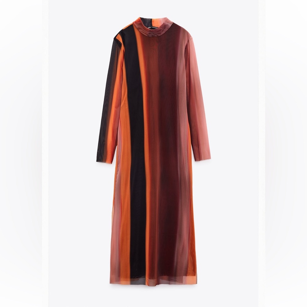 Zara printed tulle mesh dress lined long sleeve ombré